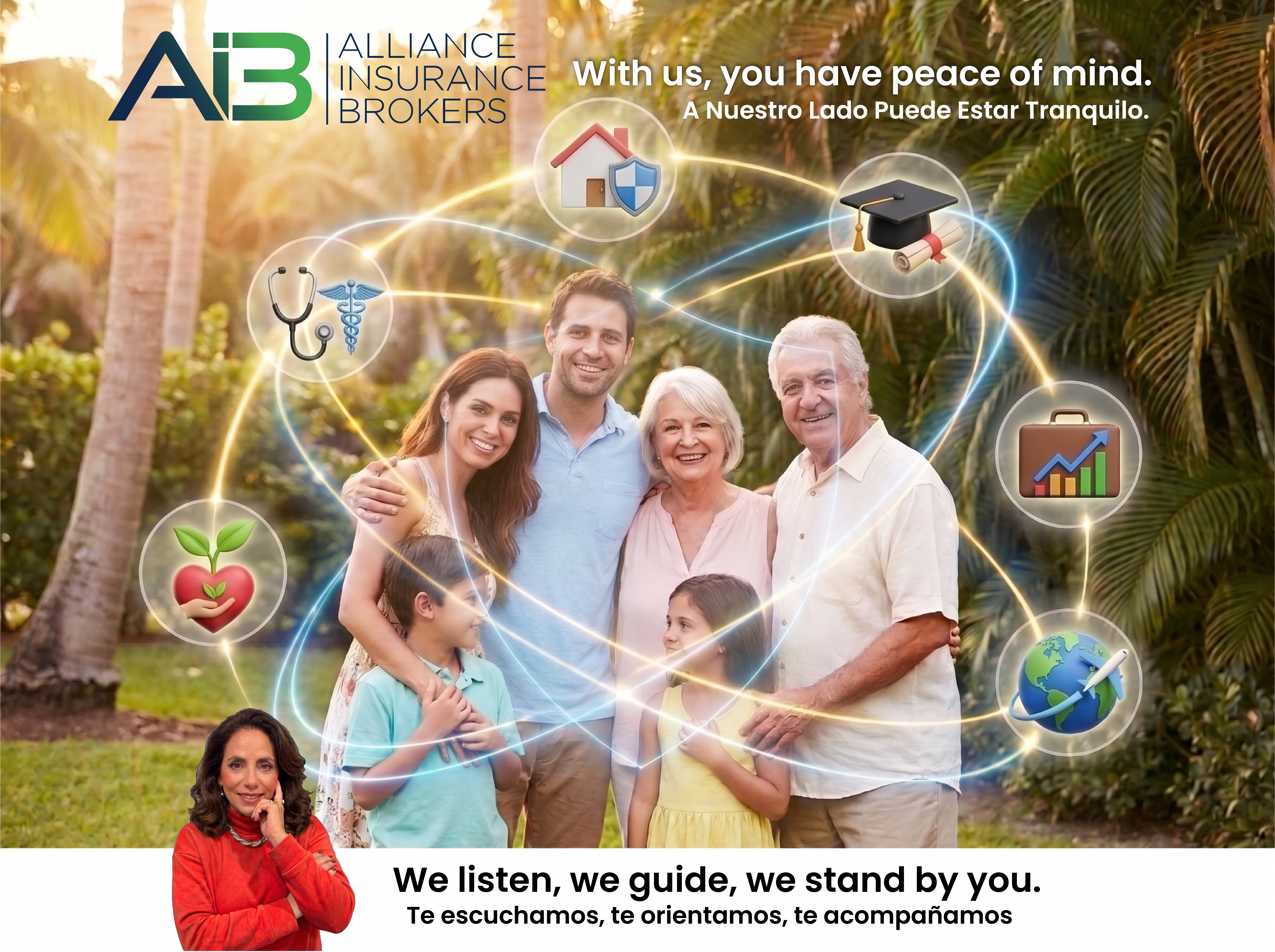 AIBROKERS corporate presentation, with family imagery, the brand and contact information